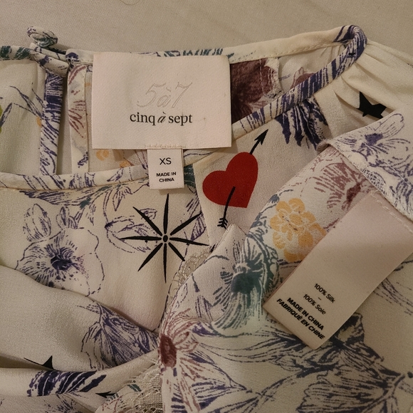 Cinq a Sept 5a7 Avalon Floral-Print Silk Top Blouse with Lace - Picture 5 of 7